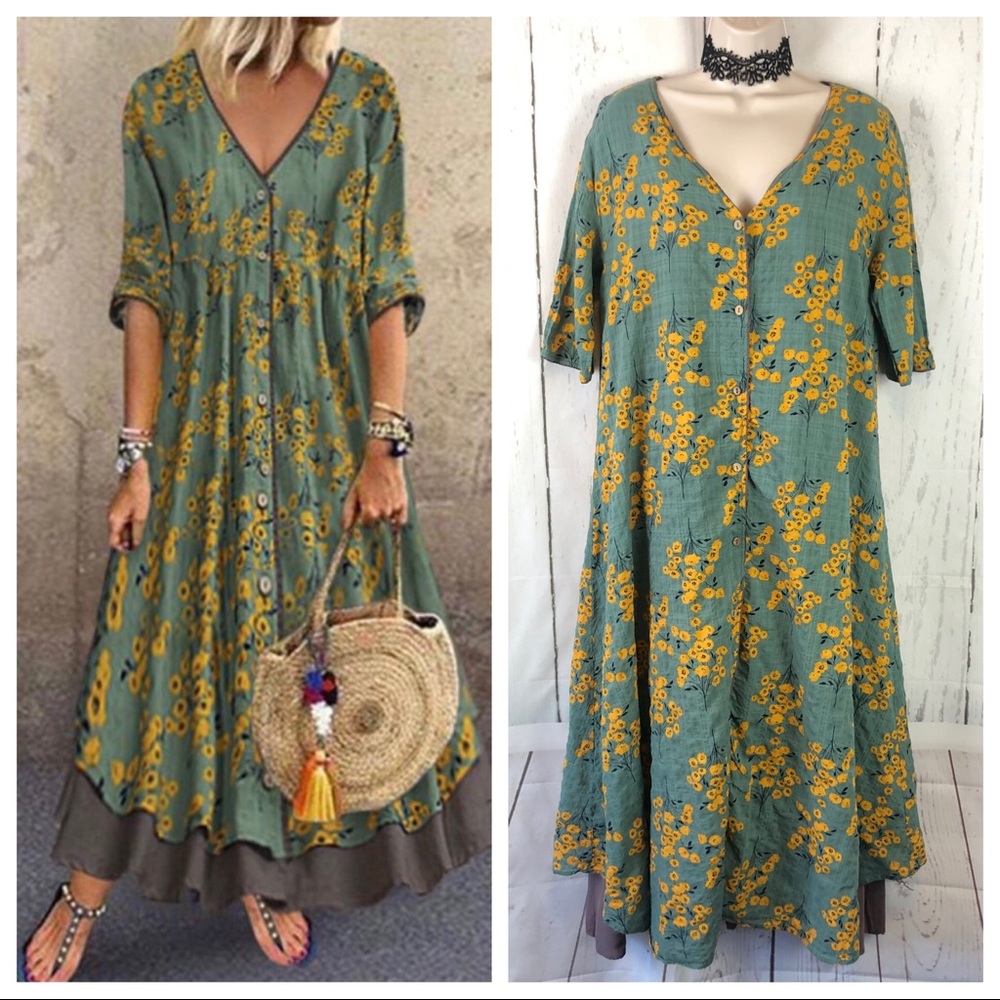 Floryday Boho Floral Maxi Dress in Sage Green with Yellow Print